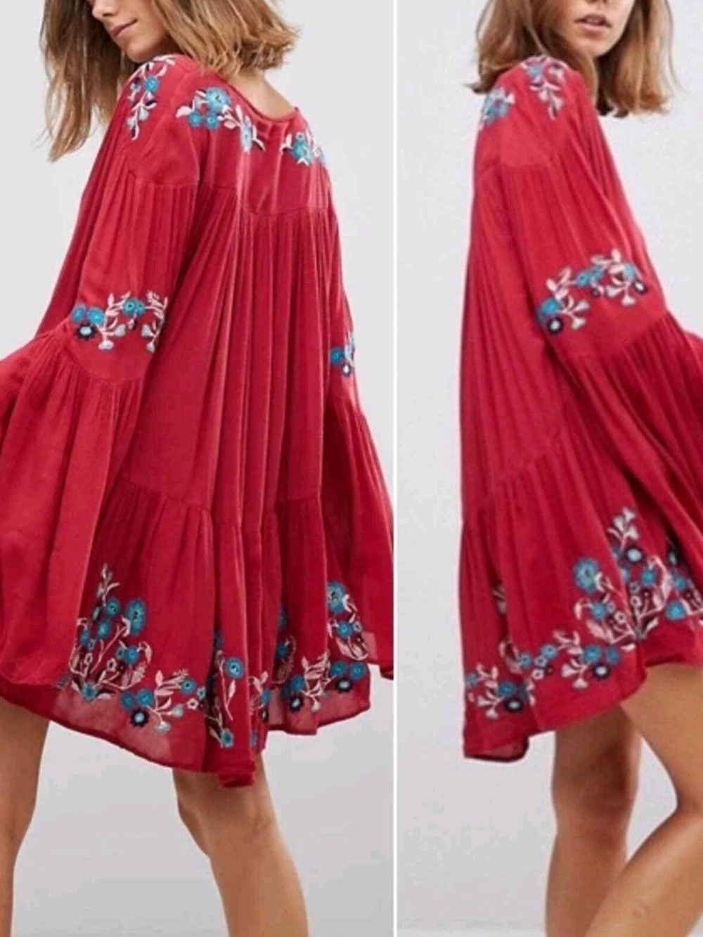 FREE People Te Amo Mini Dress Red Sz L Boho Babydoll Embroidered Floral